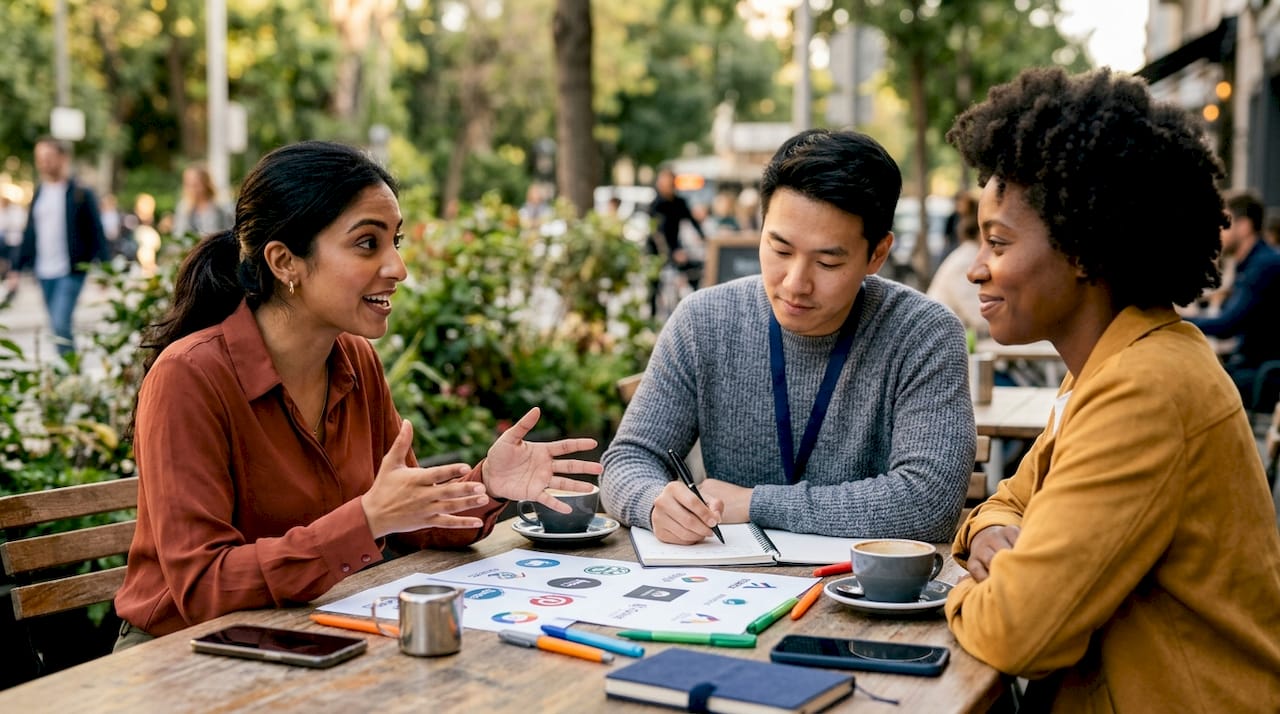 Marketing team discussing logos at meeting table