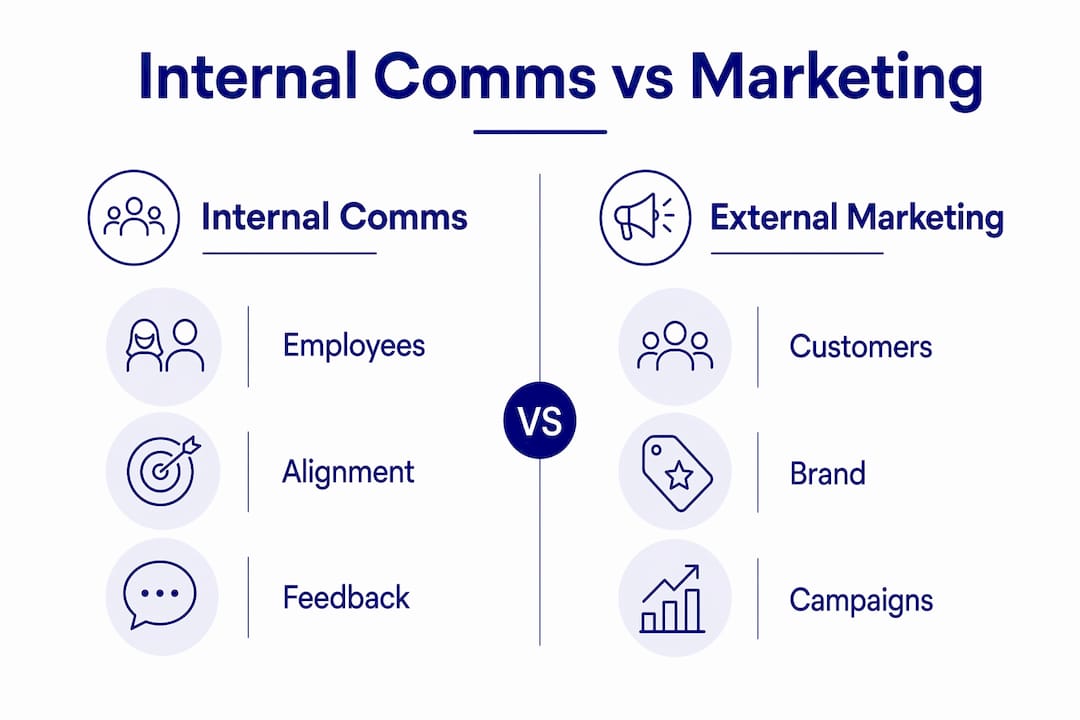 Role of internal communications in marketing 3 • MB Brand Communications Infographic comparing internal communications and marketing