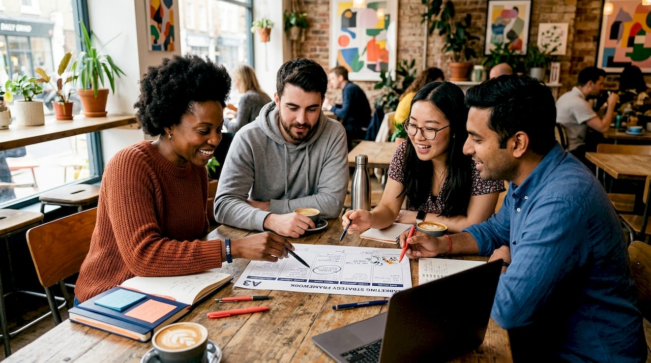 Develop a brand positioning framework that works 2 • MB Brand Communications Team collaborating on brand framework
