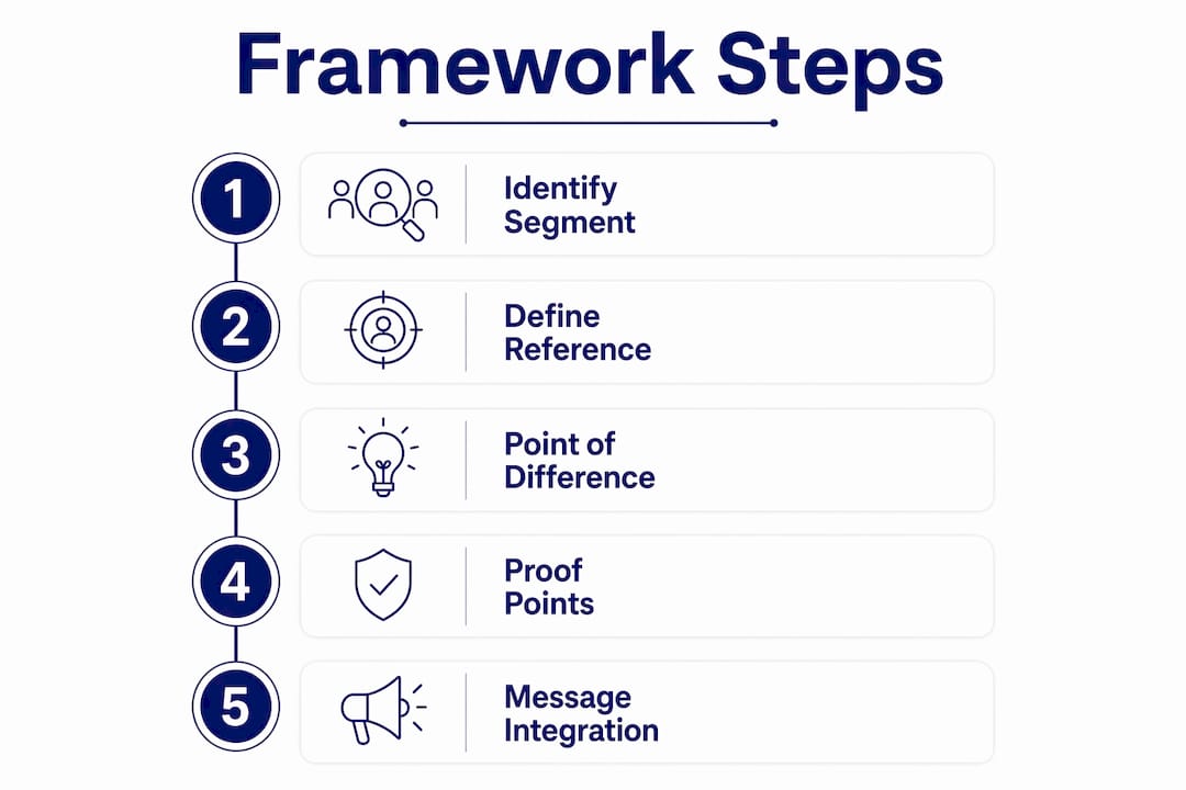 Develop a brand positioning framework that works 3 • MB Brand Communications Infographic showing brand positioning framework steps
