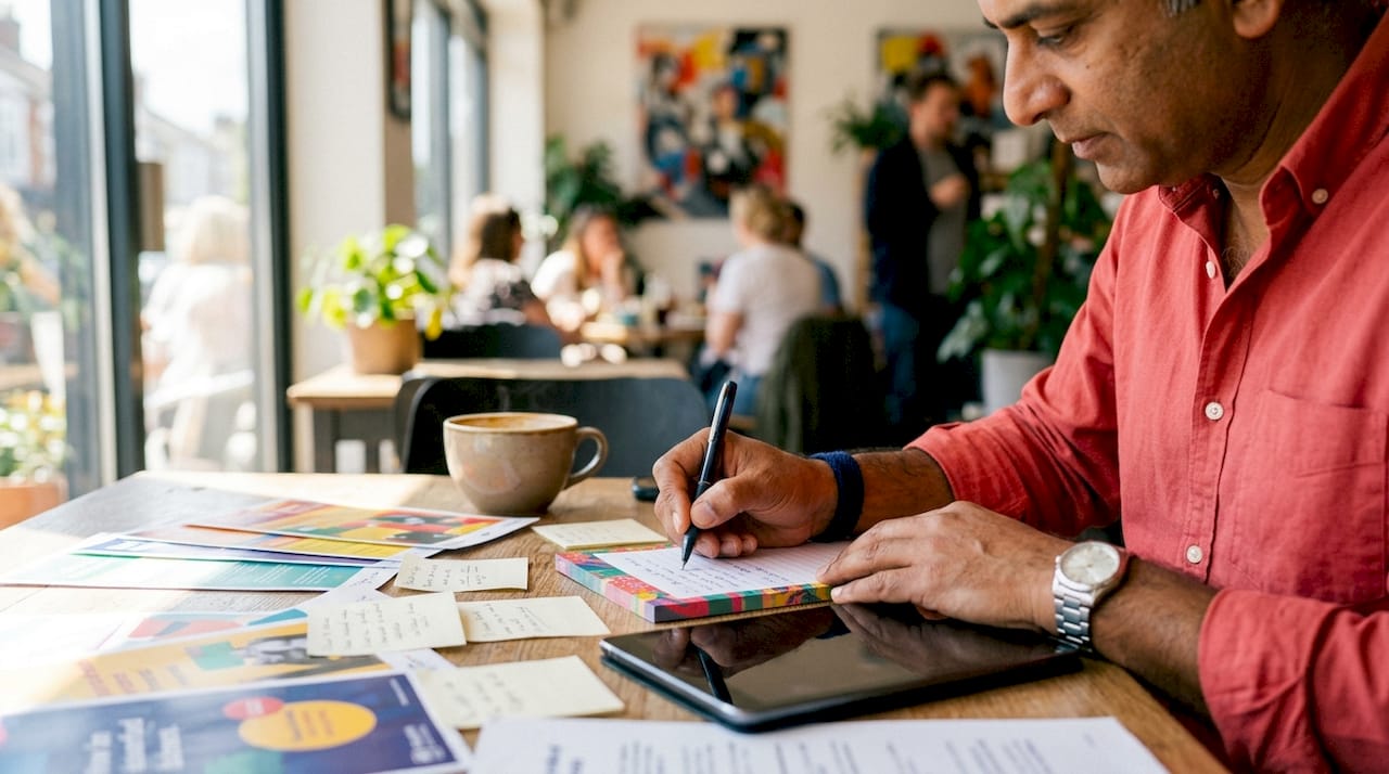 Strategic branding investment checklist: a leader's guide 2 • MB Brand Communications Hands taking notes during market research