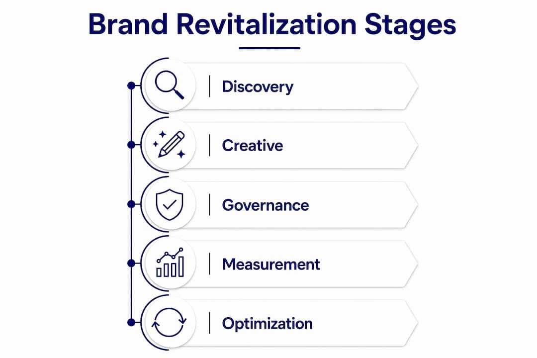 Role of agency in brand revitalization: 2026 guide 2 • MB Brand Communications Infographic depicting brand revitalization programme stages