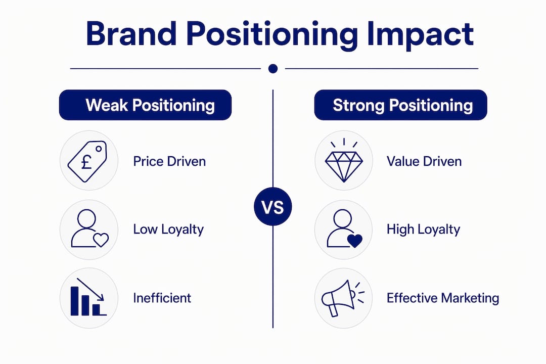 Infographic comparing weak vs strong brand positioning impacts