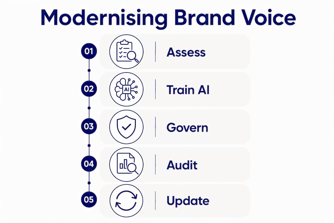 The role of modernising brand voice in 2026 2 • MB Brand Communications Infographic outlining steps to modernise brand voice