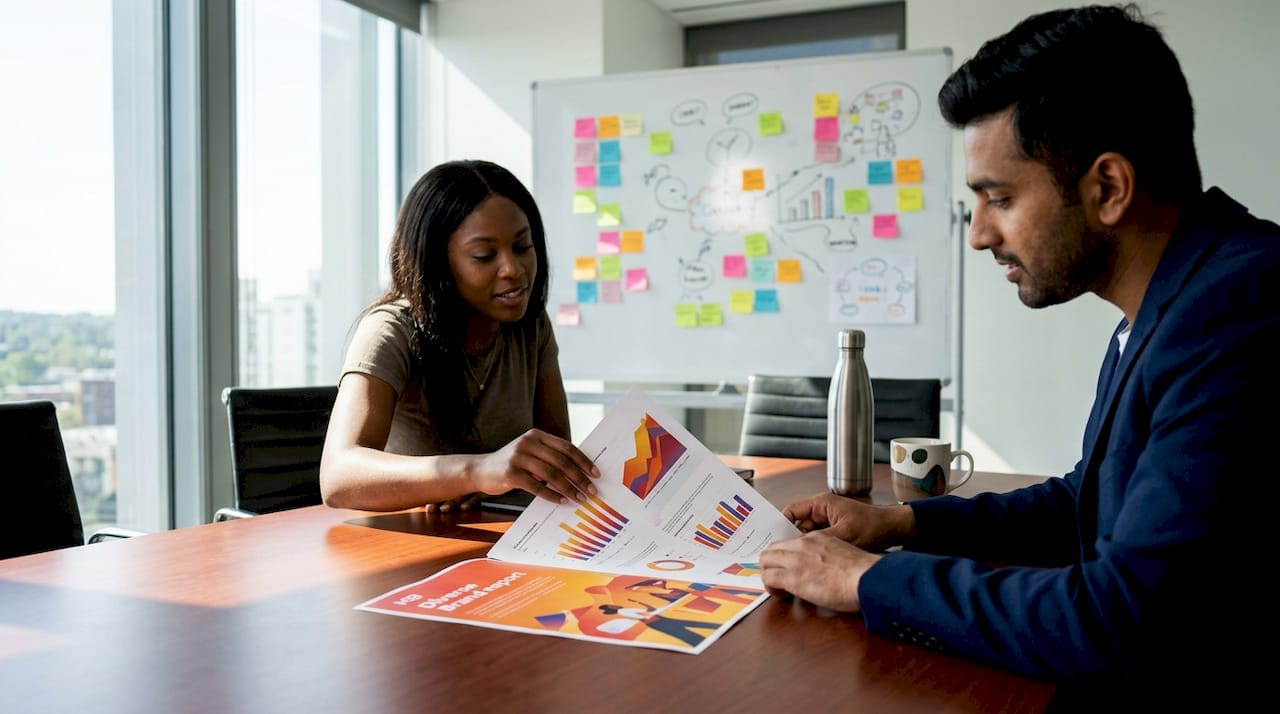 Hands holding brand audit report on desk