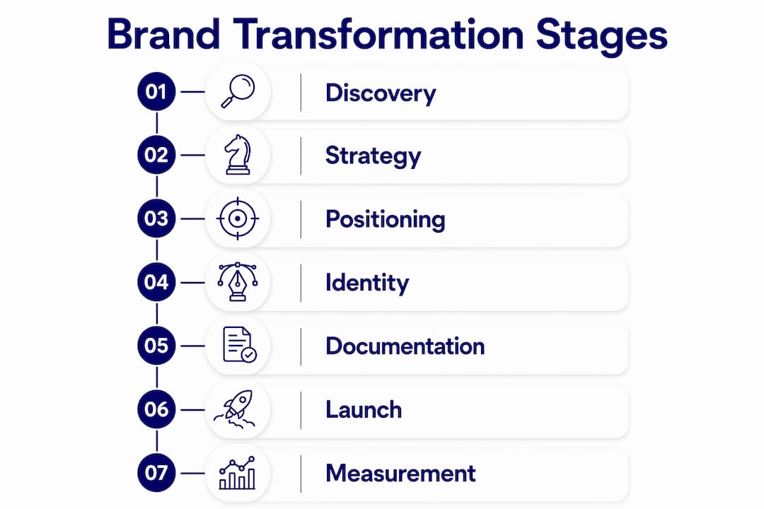 Infographic showing seven stages of brand transformation process