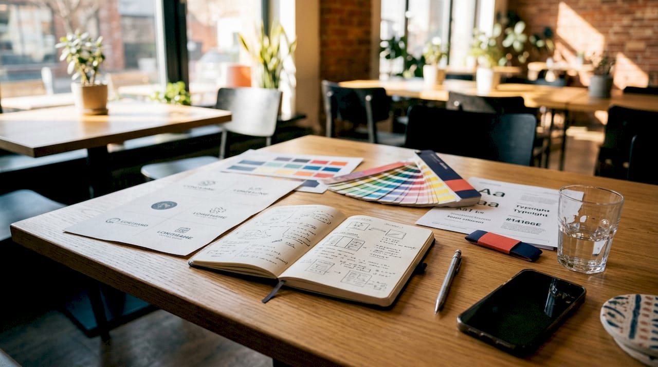 Overhead view of visual identity design materials