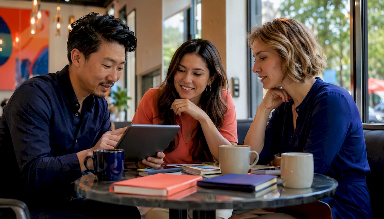 Brand voice development steps: a practical guide 2 • MB Brand Communications Team collaborating on brand voice traits