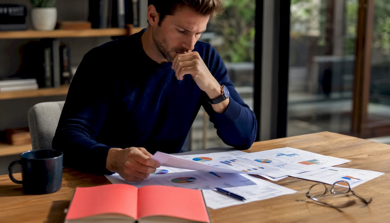 How to position a startup brand in a competitive market 2 • MB Brand Communications Founder typing market analysis with printed charts overhead