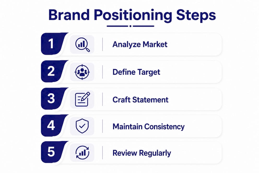 How to position a startup brand in a competitive market 3 • MB Brand Communications Infographic showing five key startup brand positioning steps