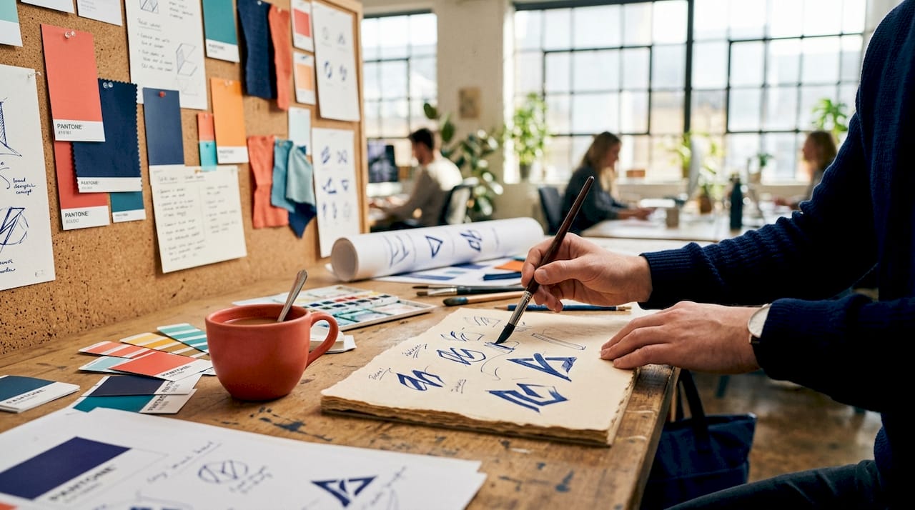 Hands sketching brand identity ideas