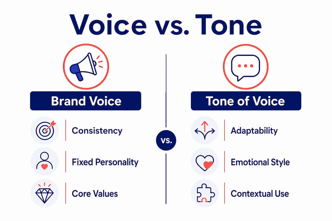 The role of tone of voice in branding 3 • MB Brand Communications Infographic showing brand voice versus tone of voice