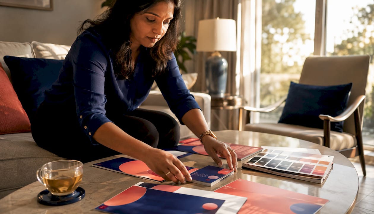Benefits of unified brand messaging for marketers 2 • MB Brand Communications Hands arranging consistent brand materials