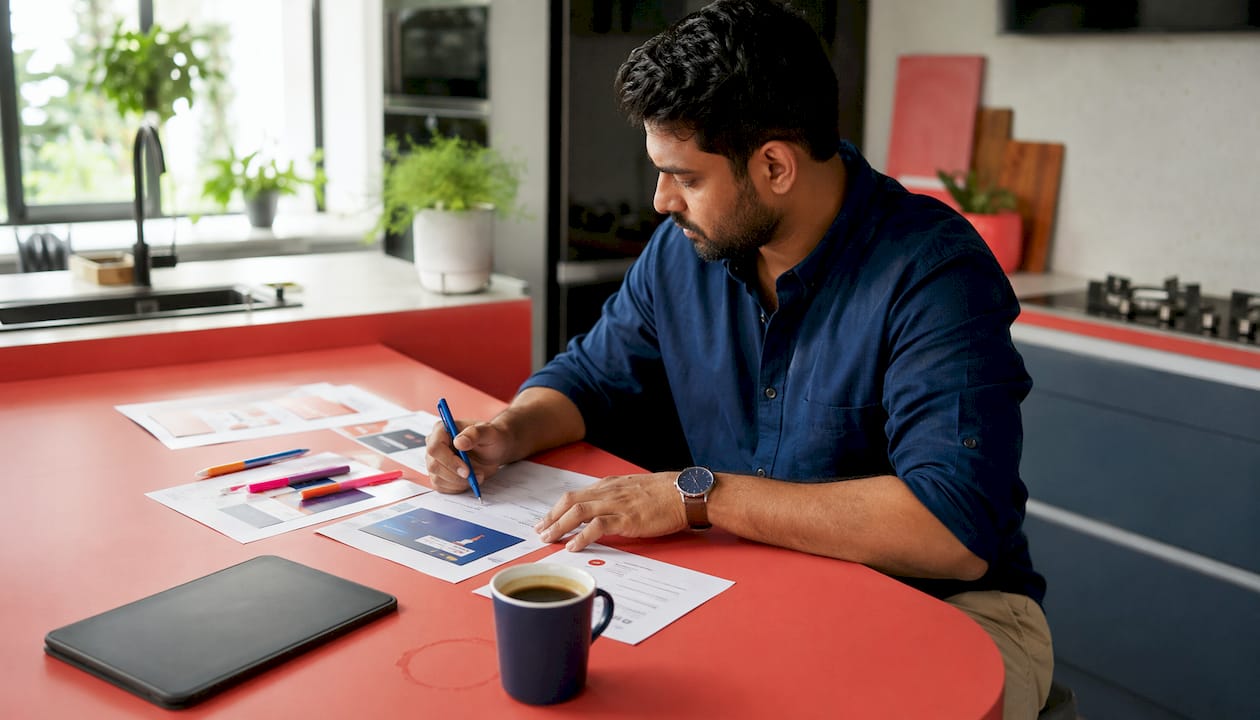 How to establish brand consistency at the early stage 3 • MB Brand Communications Hands marking printouts during brand audit