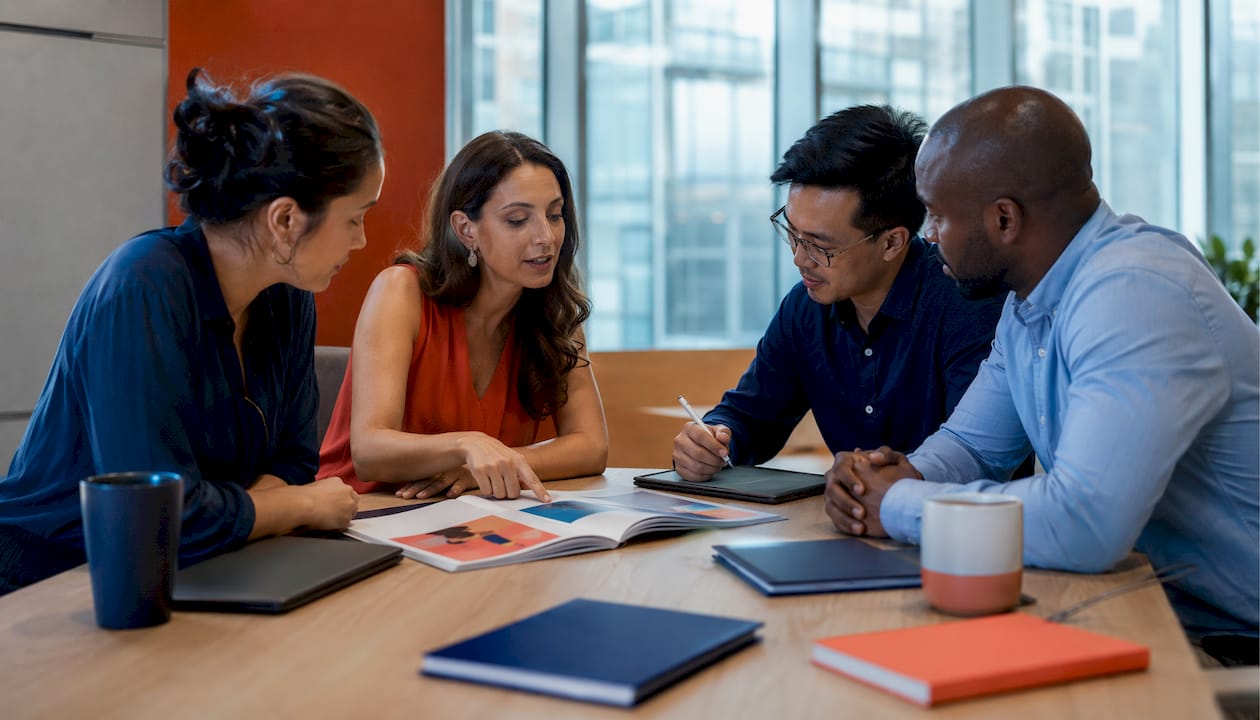 How to establish brand consistency at the early stage 2 • MB Brand Communications Startup team discussing brand guidelines in meeting