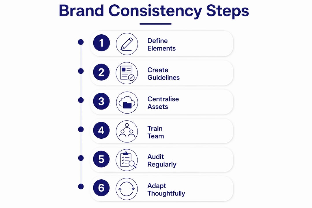 How to establish brand consistency at the early stage 4 • MB Brand Communications Infographic showing steps to maintain brand consistency