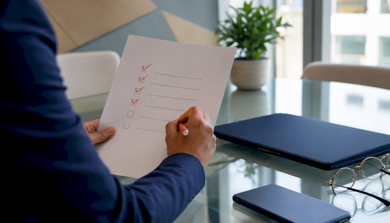 Reviewing brand compliance checklist at desk