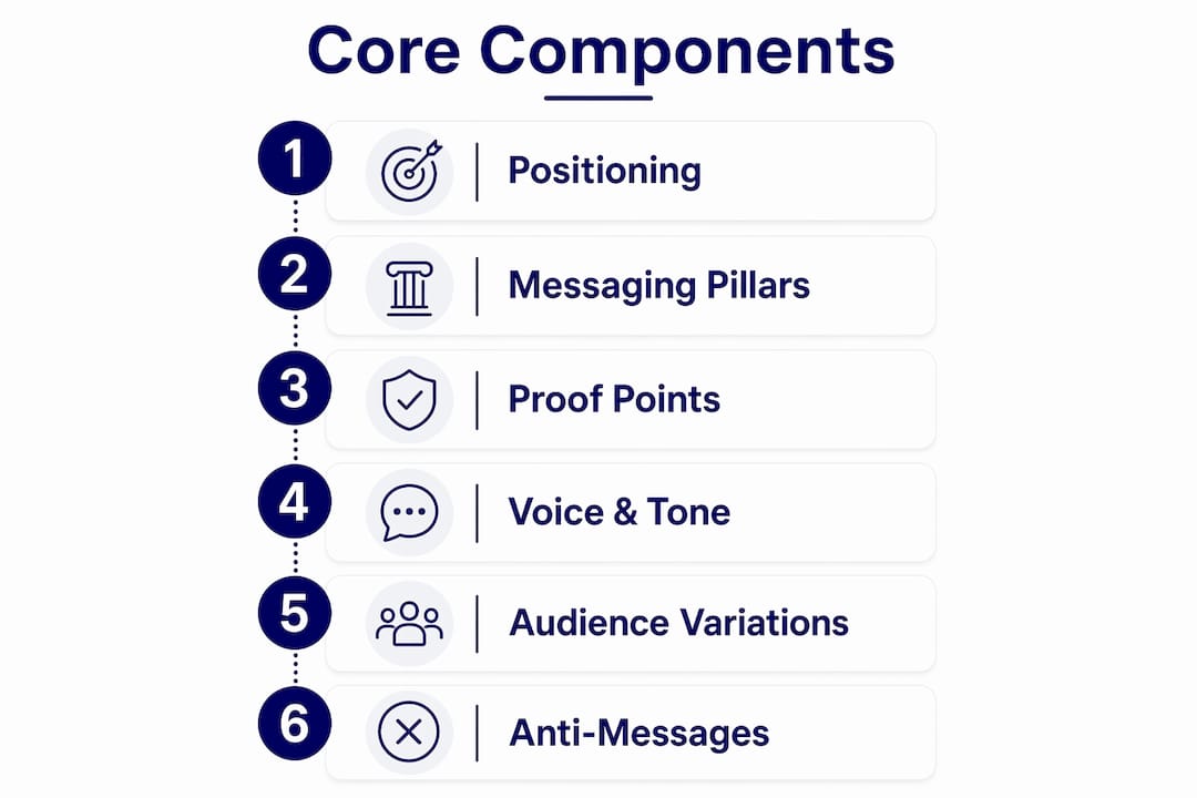 How to write a brand messaging guide for your startup 2 • MB Brand Communications Infographic of brand messaging components