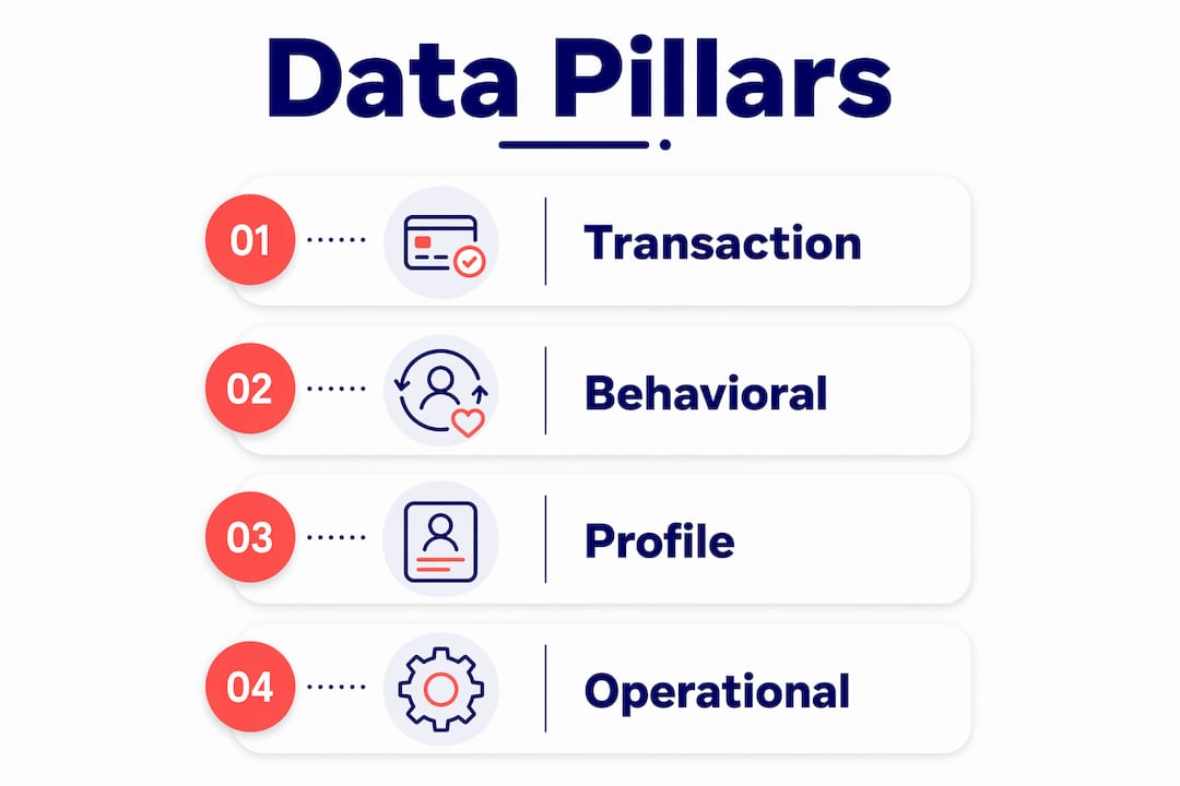 How to leverage customer data for brand communications 2 • MB Brand Communications Infographic illustrating four data pillars
