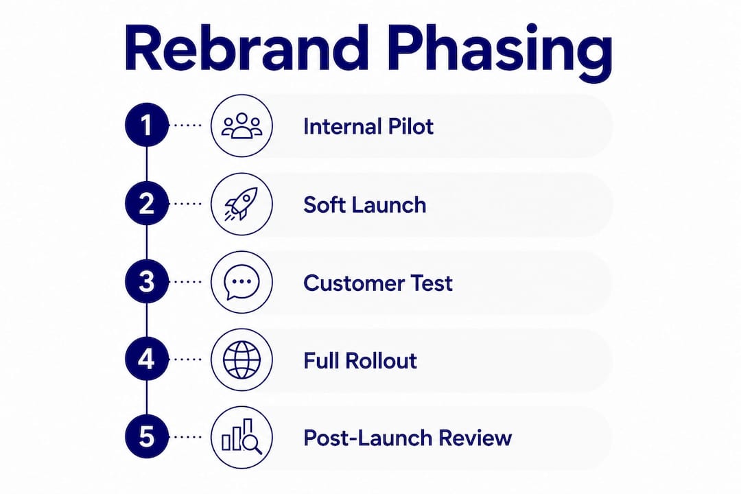 Rebrand without losing customer loyalty: a playbook 4 • MB Brand Communications Infographic illustrating rebrand phased rollout steps