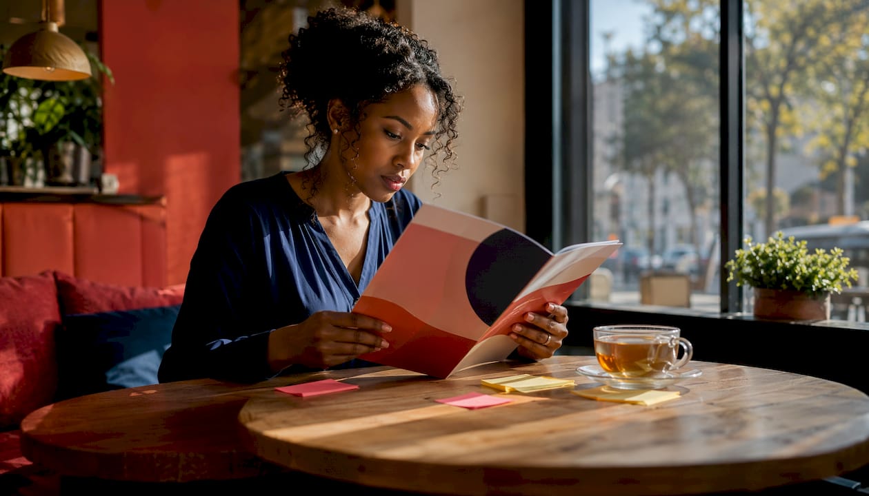 Why leaders invest in rebranding: a guide for executives 4 • MB Brand Communications Employee engaging with brand strategy booklet