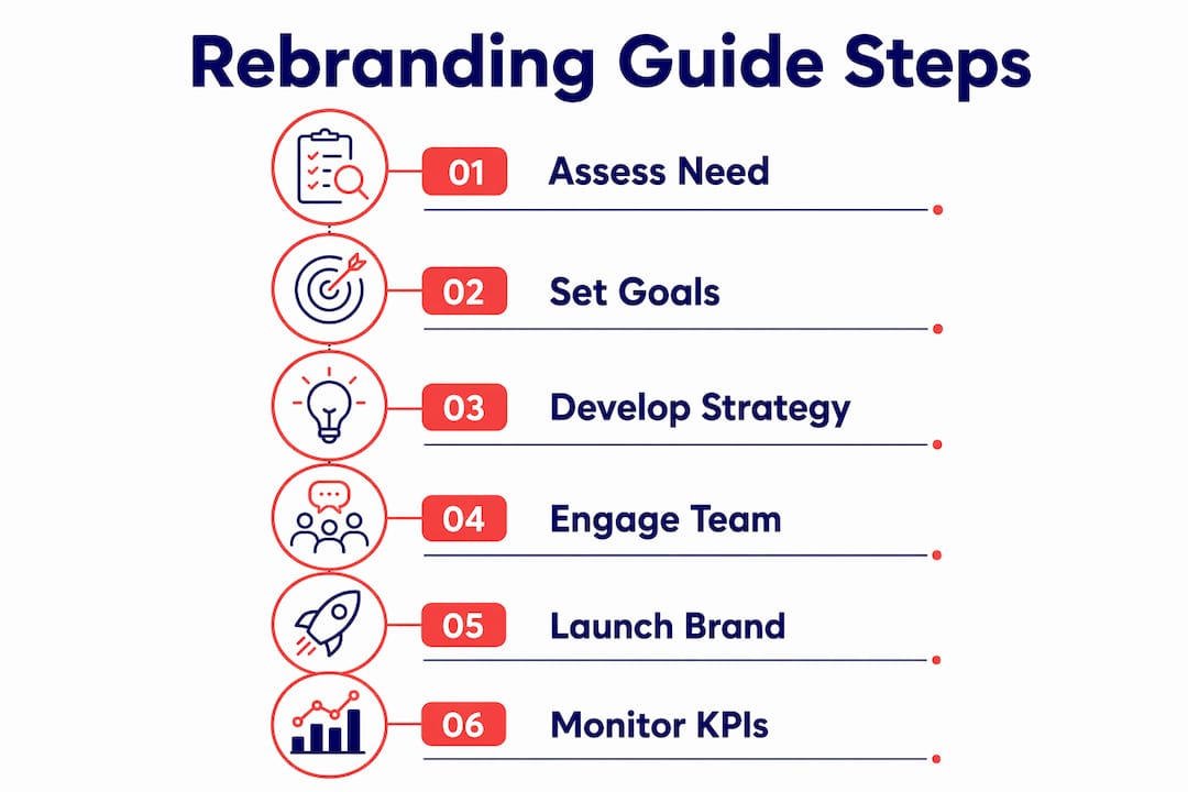 Why leaders invest in rebranding: a guide for executives 2 • MB Brand Communications Infographic showing six-step rebranding process guide for executives