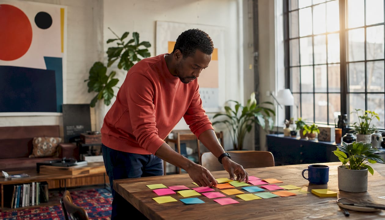 Brand differentiation explained for UK business leaders 2 • MB Brand Communications Hands organizing sticky notes on glass desk