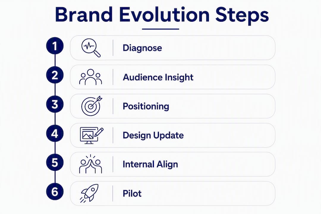 Infographic showing six steps of brand evolution process