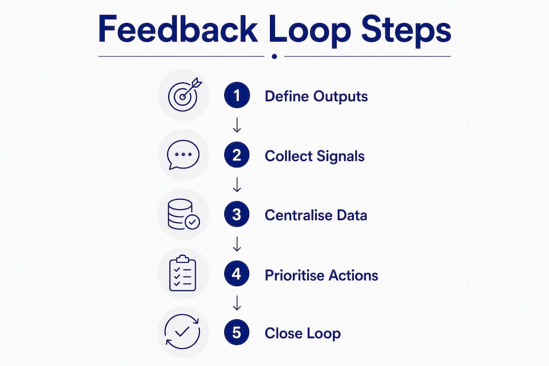 The role of feedback loops in campaigns: a practical guide 3 • MB Brand Communications Infographic illustrating feedback loop process steps