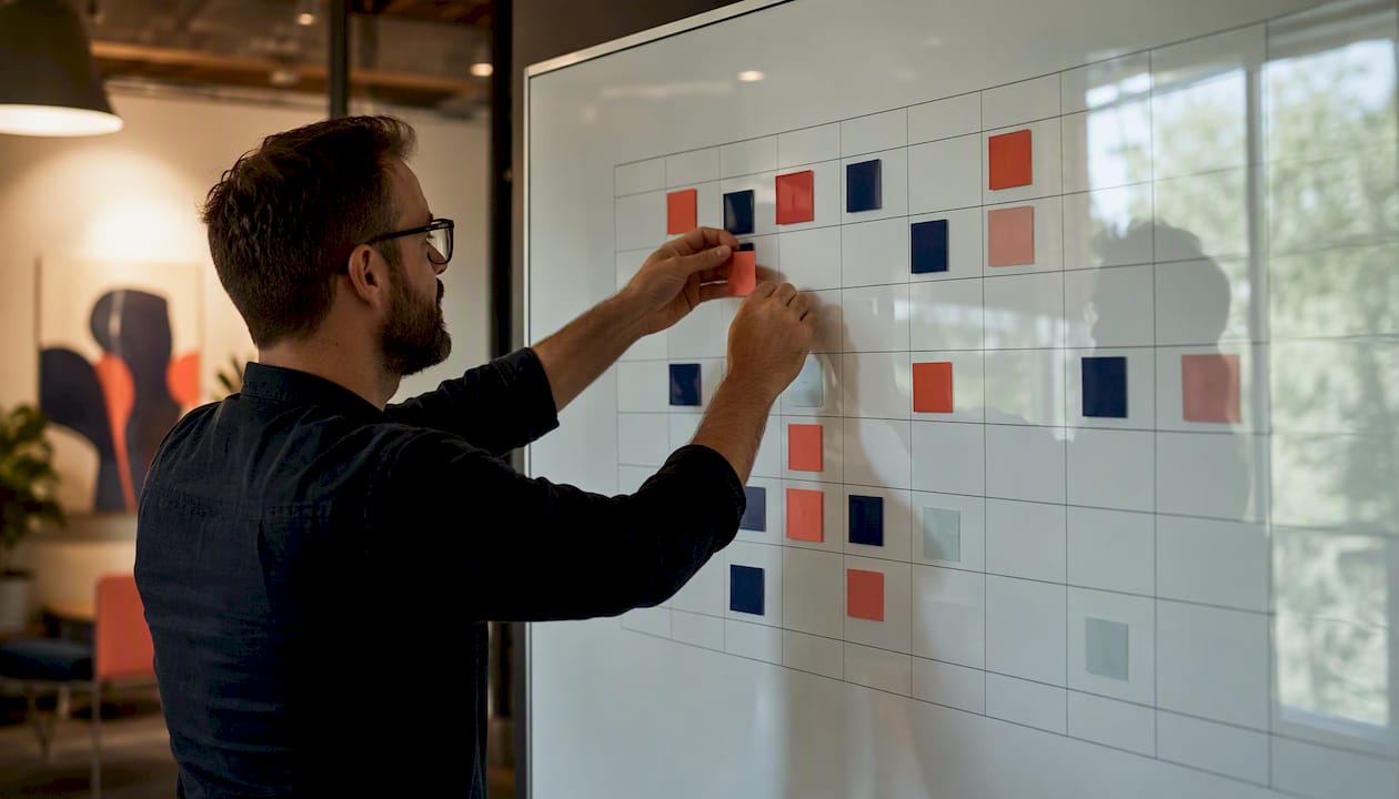 Procurement's role in agency selection: a practical guide 3 • MB Brand Communications Hands arranging responsibility matrix tiles