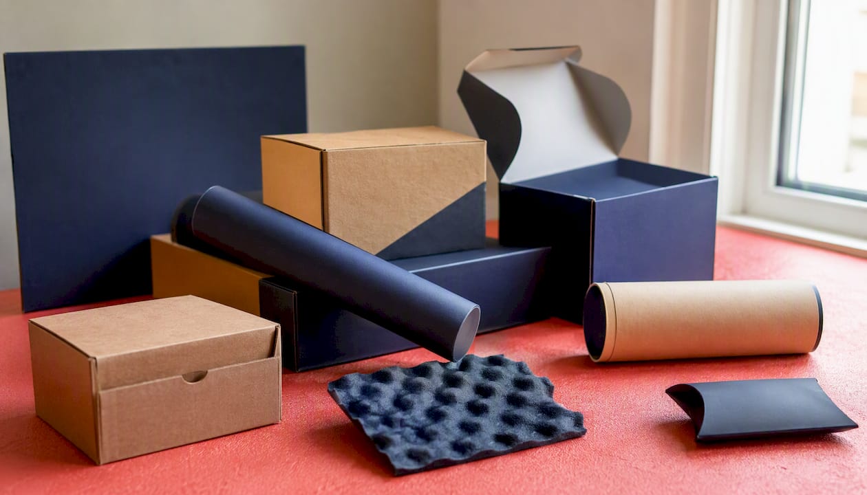 Dimensional direct mail pieces on navy surface