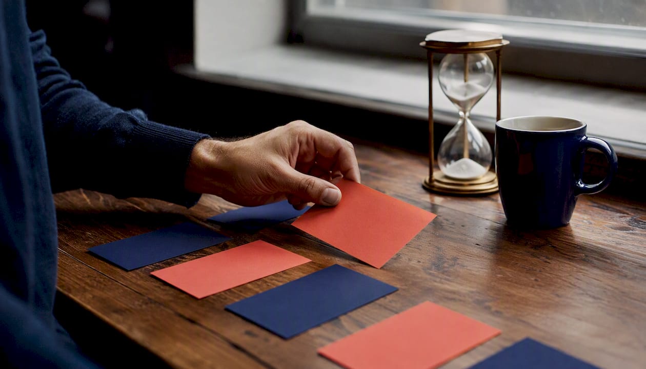 Hand arranging sequence cards on desk