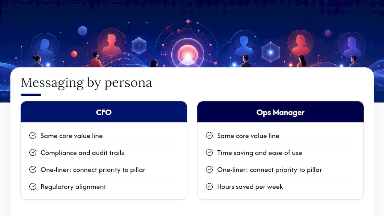 Startup messaging framework examples: build yours today 3 • MB Brand Communications Diagram comparing messaging pillars for CFO and operations manager personas