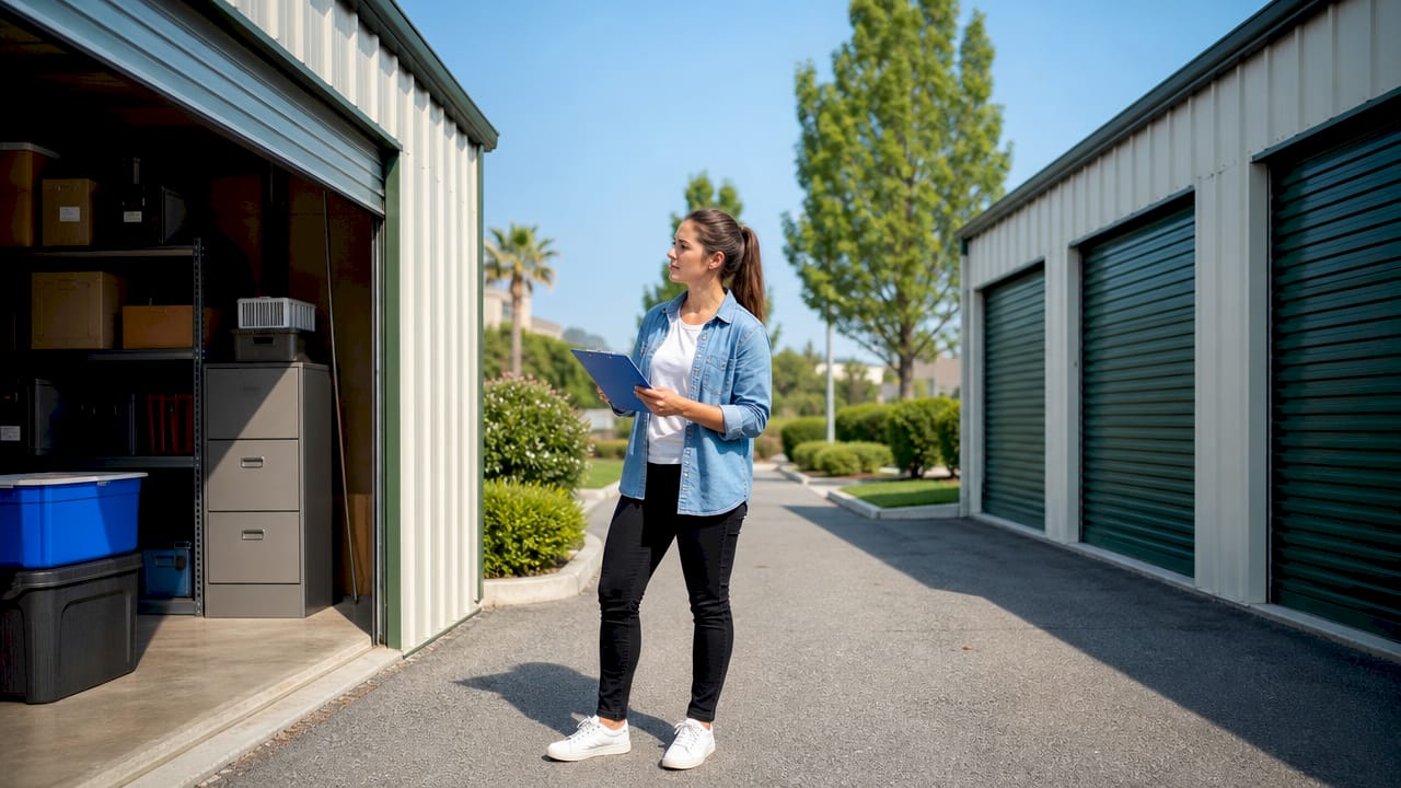 Woman inspecting indoor storage units in corridor