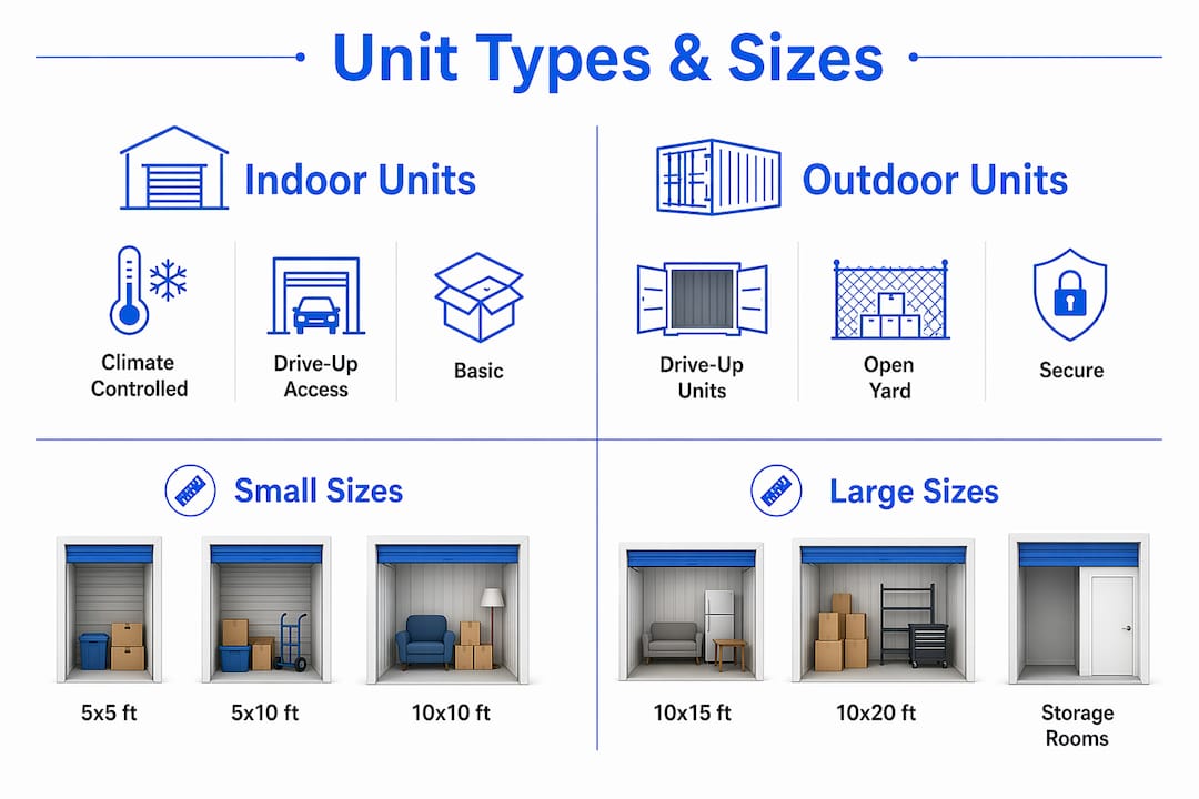 Infographic comparing self storage unit types and sizes