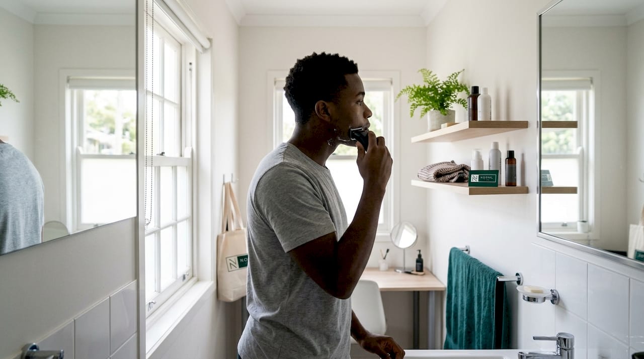 Young man shaving with electric razor at vanity