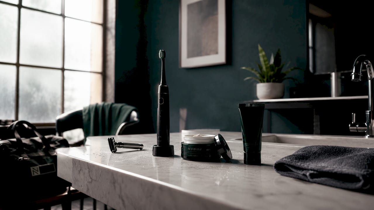 Men's grooming tools arranged on bathroom counter overhead view