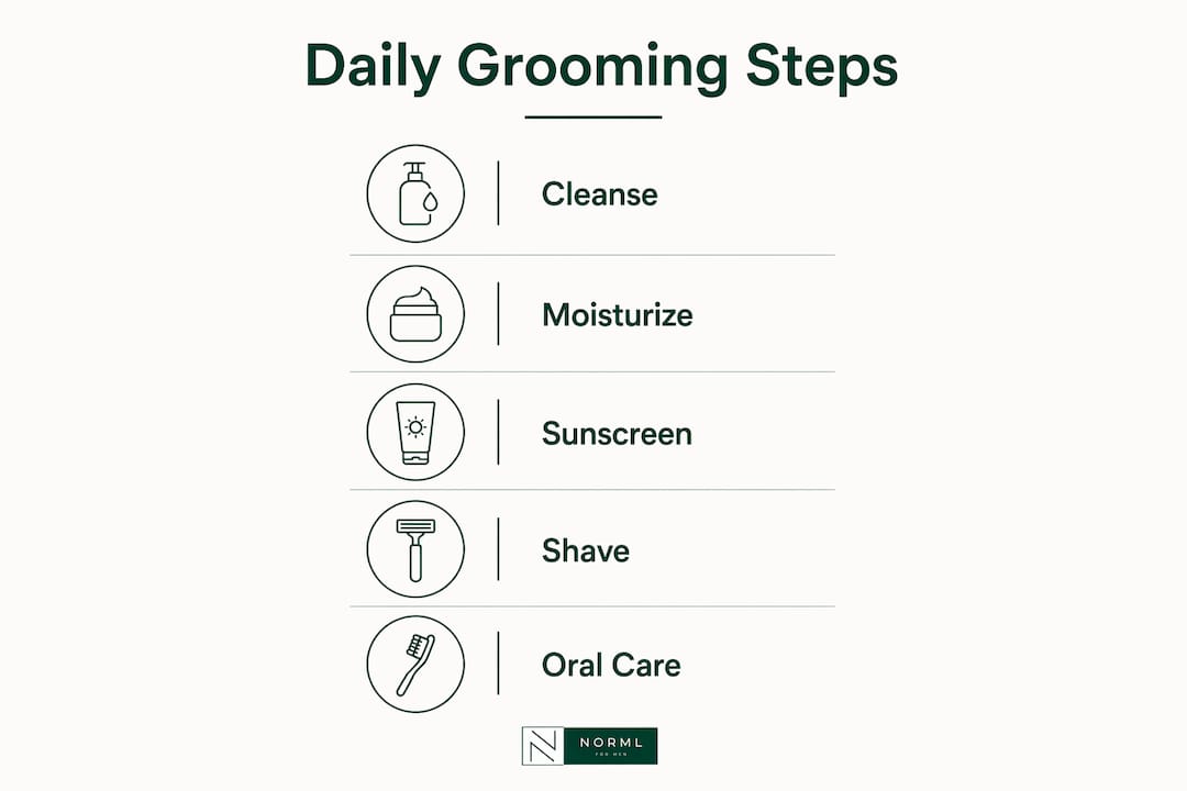 Infographic showing five essential daily male grooming steps