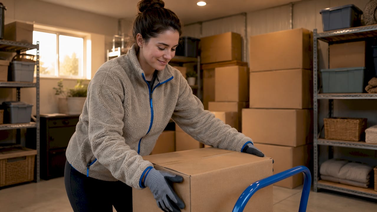 Person loading boxes inside indoor storage unit