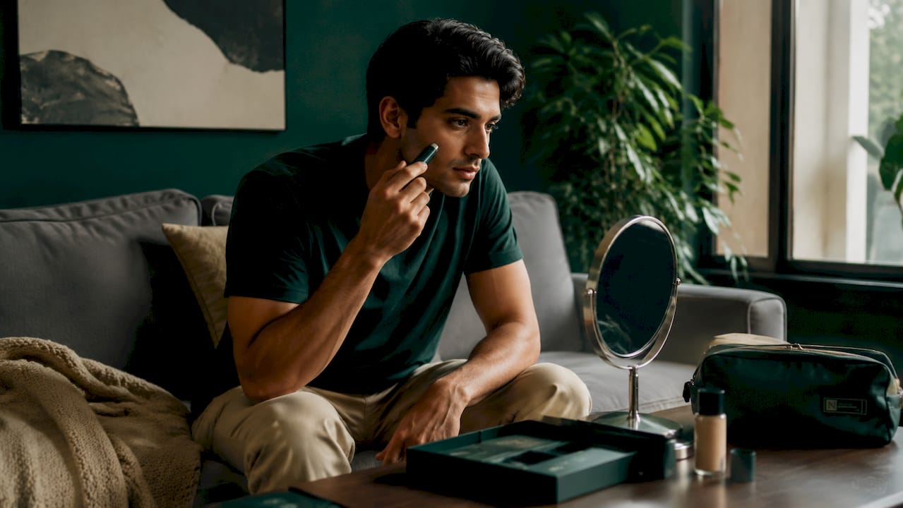 Man choosing blemish coverage product at desk