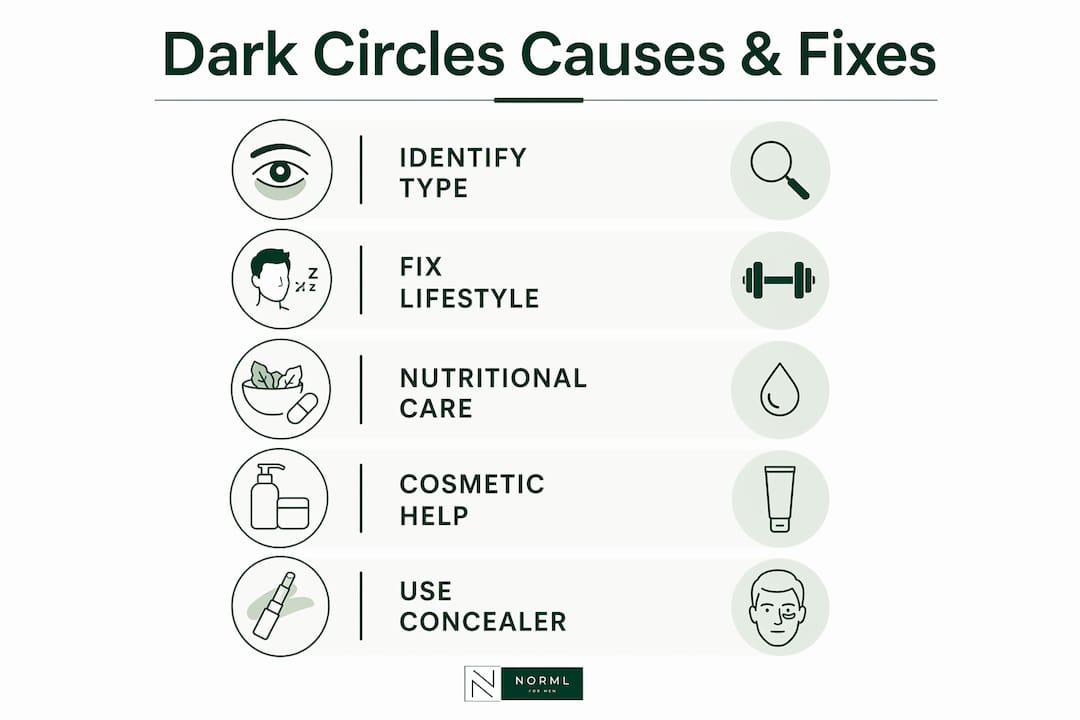 Infographic outlining causes and fixes for dark circles