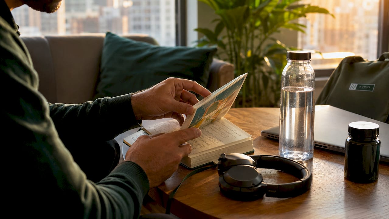 Overhead shot of man's desk with eye care items
