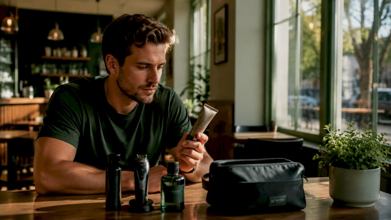 Overhead view of male grooming products on table