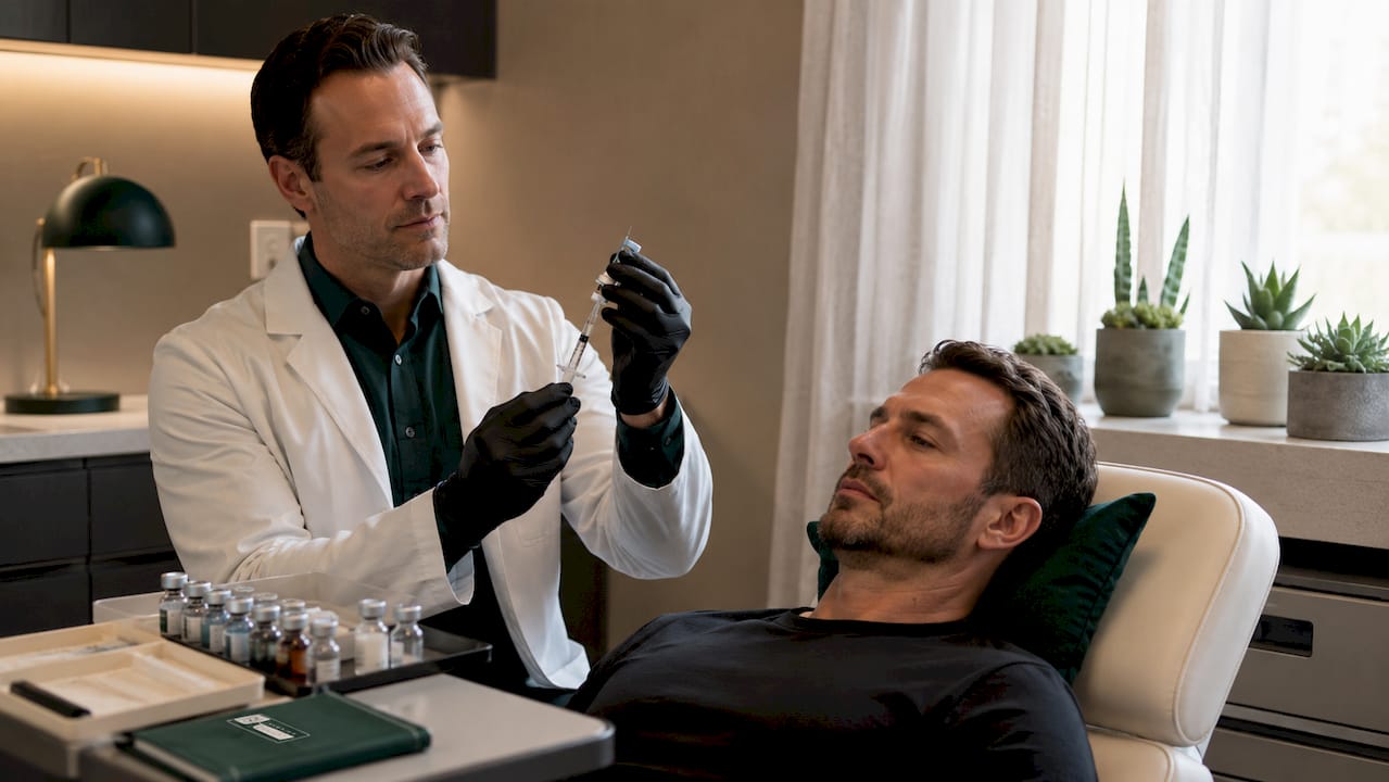 Clinician preparing dermal filler for male patient