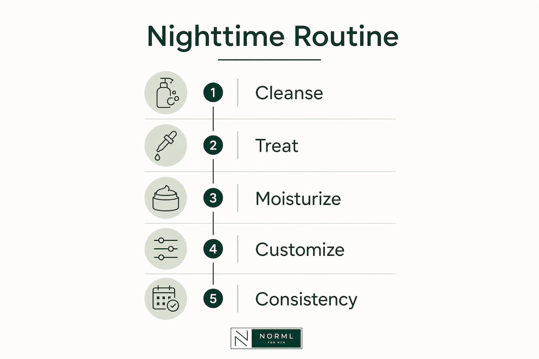 Infographic illustrating 5-step men's nighttime skincare routine