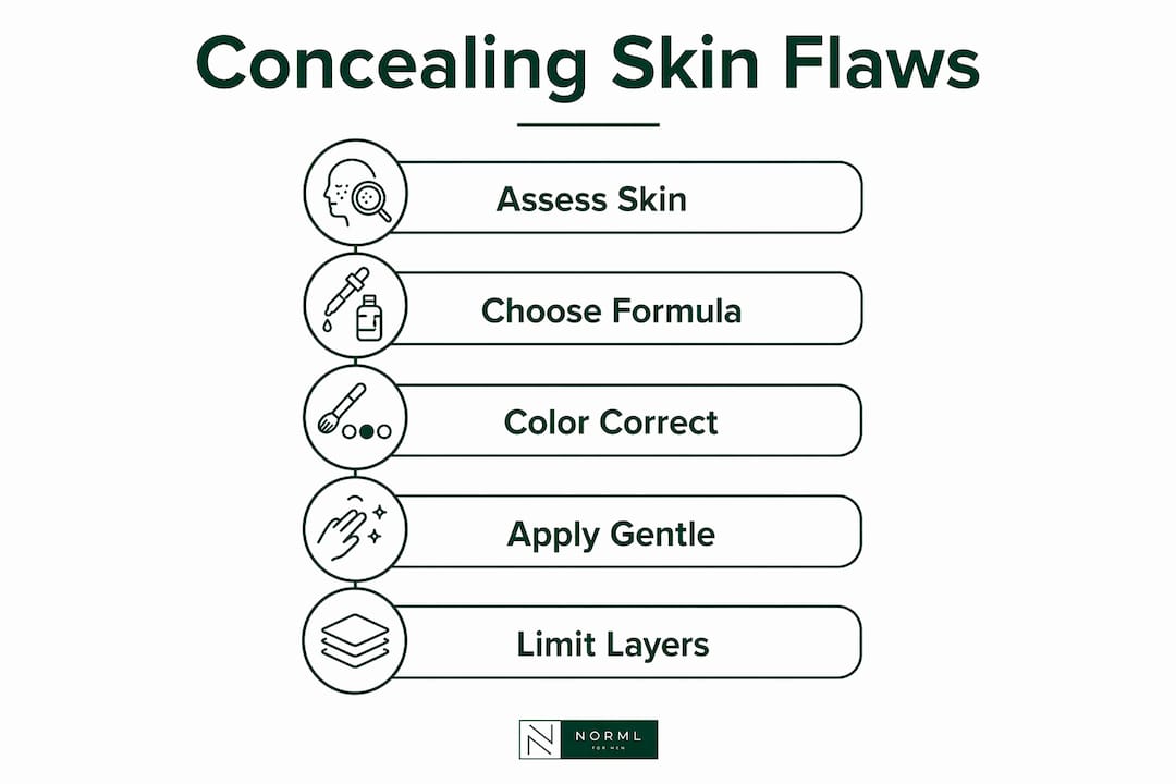 Infographic illustrating steps to conceal skin flaws