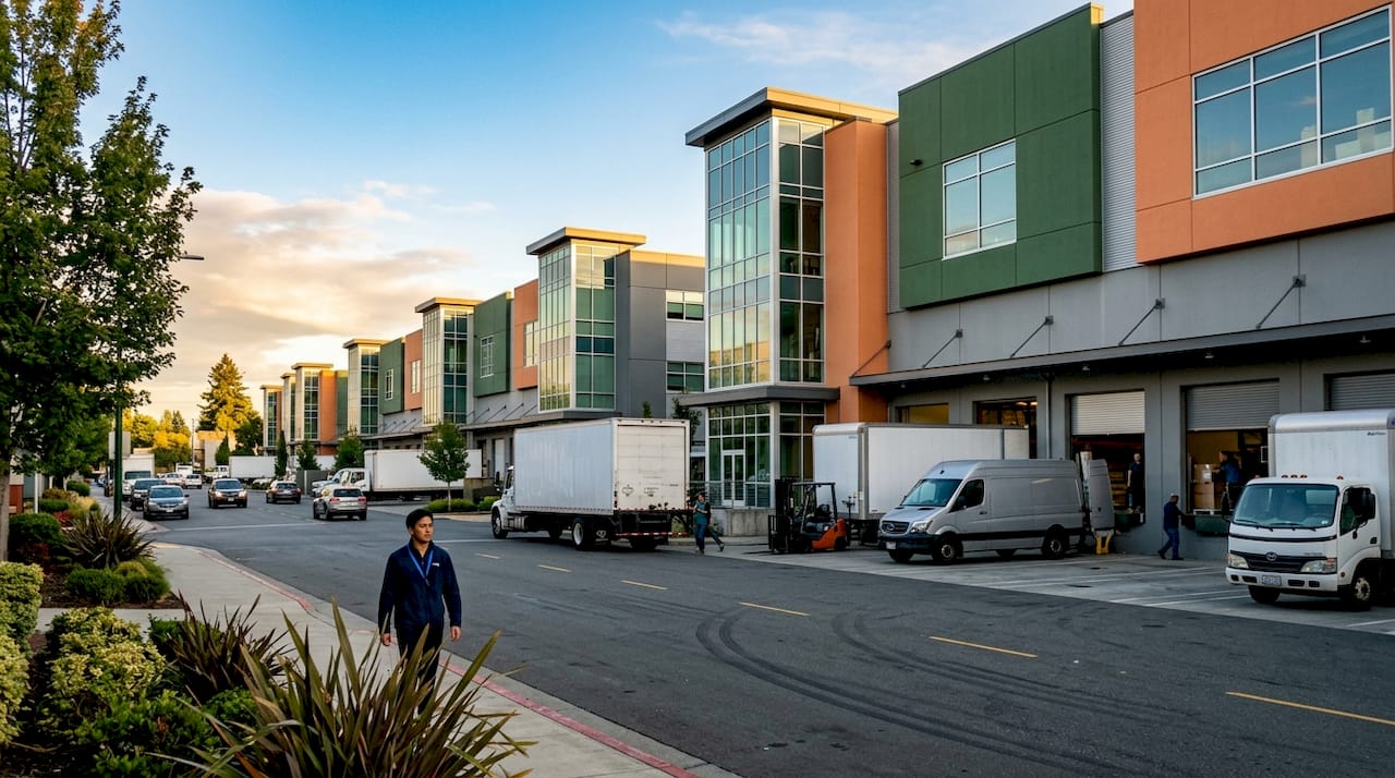Industrial corridor lined with storage facilities