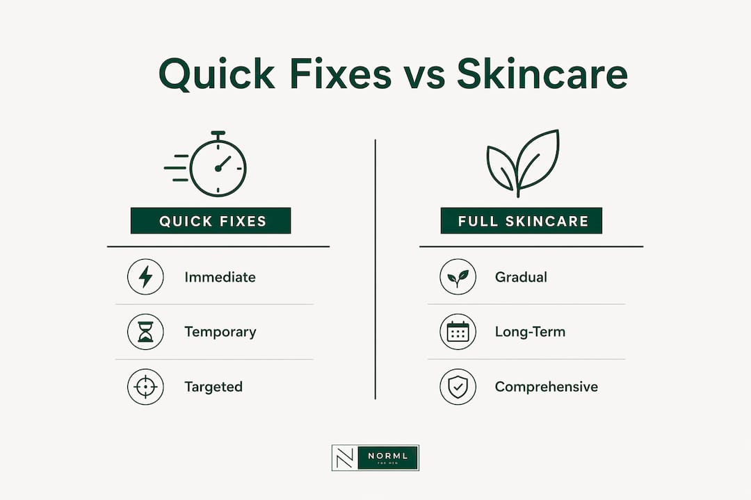 Infographic comparing quick fixes to full skincare benefits and limits