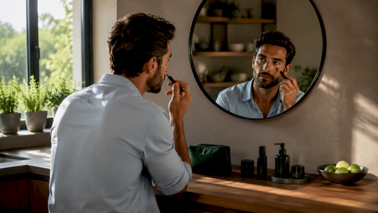 Close-up of man applying matte concealer at mirror