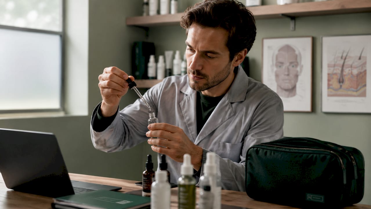 Dermatologist's hands preparing serum vial
